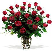 Click and Order on Time your 24 Perfect RED Roses with a clear base, greens and white/green available fillers, Order now to Schedule our PROFESSIONAL MOTHER's DAY DELIVERY